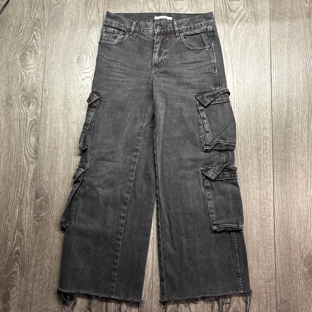PacSun 90s Baggy Cargo Jeans 23 Washed Black Raw Hem Wide Leg Utility Pants